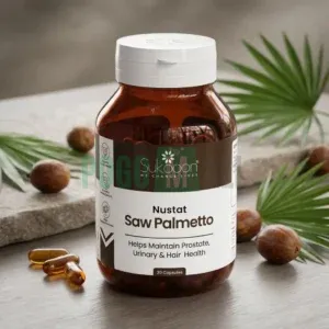 Nustat Saw Palmetto Capsules 30s bottle for men's internal wellness and urinary ease.